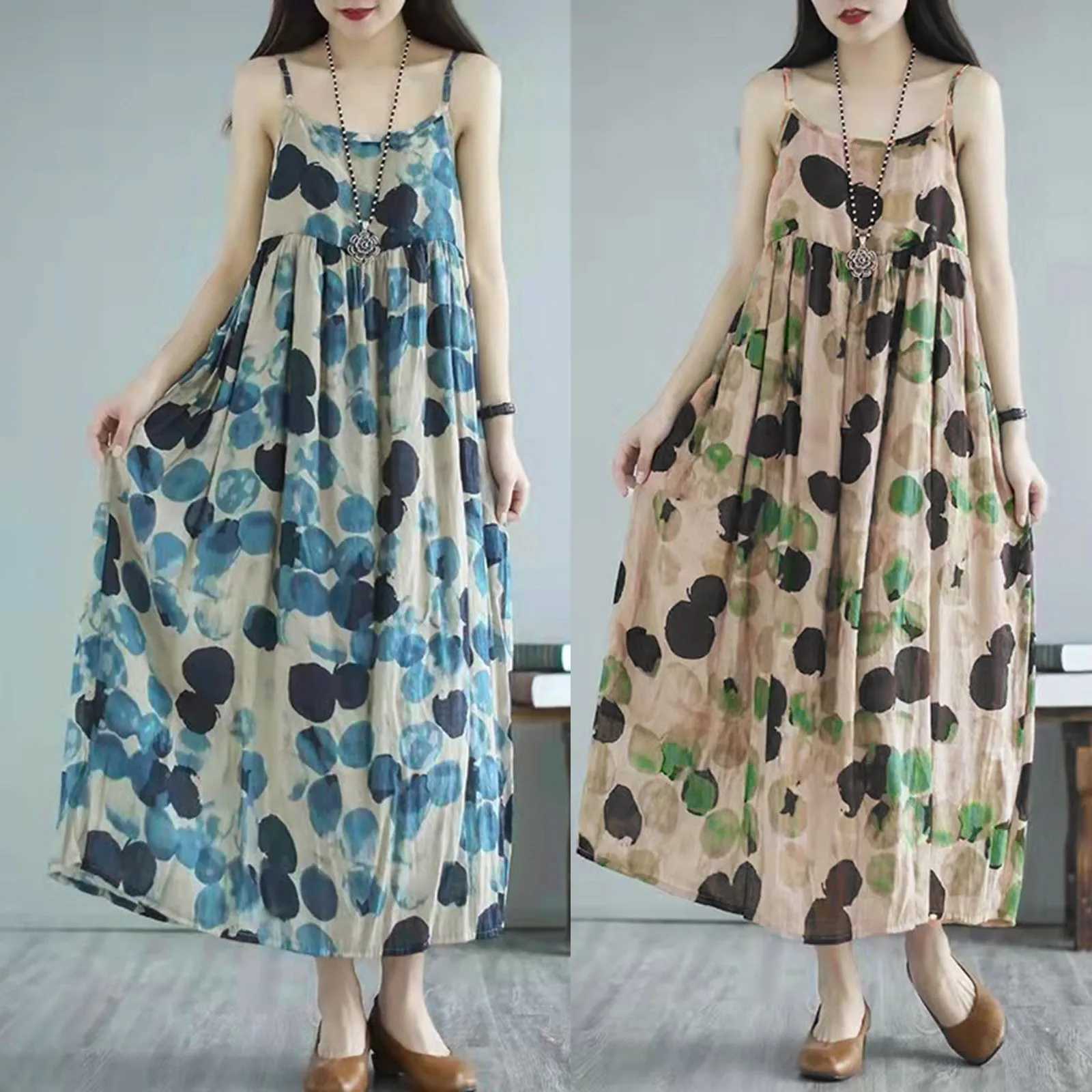 Lady Spaghetti Strap Dress Summer Sdging Polka Dot Big Swing Temperament Ele Thin Artistic Long Strap Lined Midi DressXJ2500207