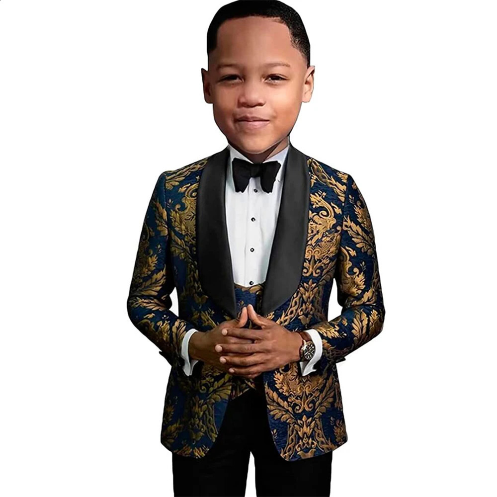 Three Piece Paisley Boys Suit Set Fashion Floral Formal Blazer Vest Pants Kids Tuxedo Stylish Wedding Guest Children Outfit 250114