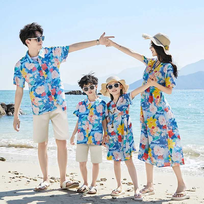 Summer Beach Family Matching Outfits Mom Daughter Floral Dresses Dad Son Shirts/T-shirt+Shorts Couple Clothes Holiday Seaside W250207