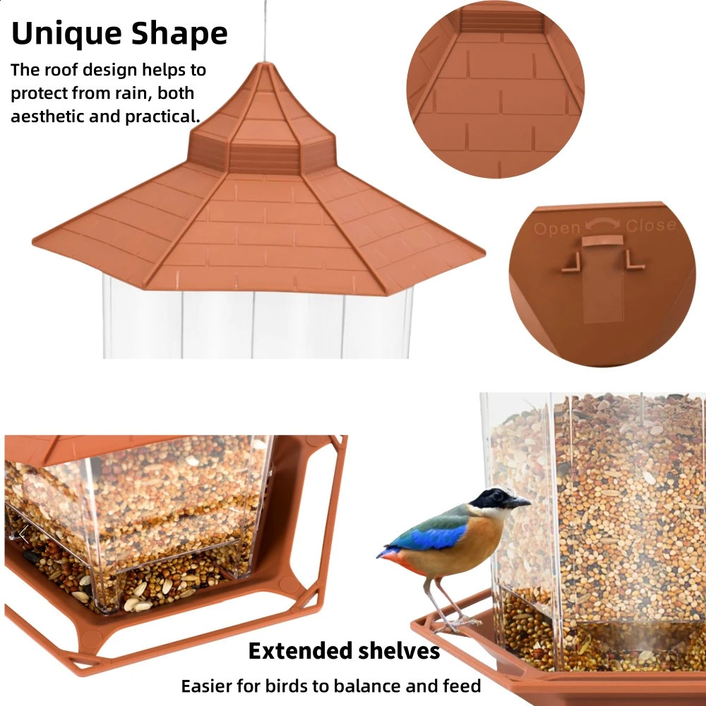 Automatic bird feeder Hanging food feeding tool gazebo outdoor bird feeder Perforated nut feeding hut bird food container 250207