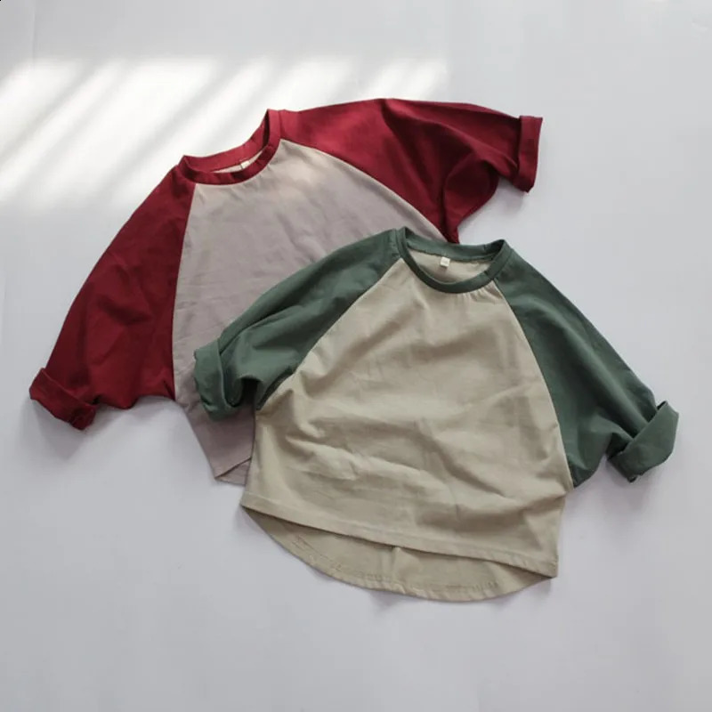 Children Girl Casual Patchwork Tops Pullover Loose Thin Long Sleeves Tees Boys Spring Simple Bottoming Shirt Cotton T-shirt 250207