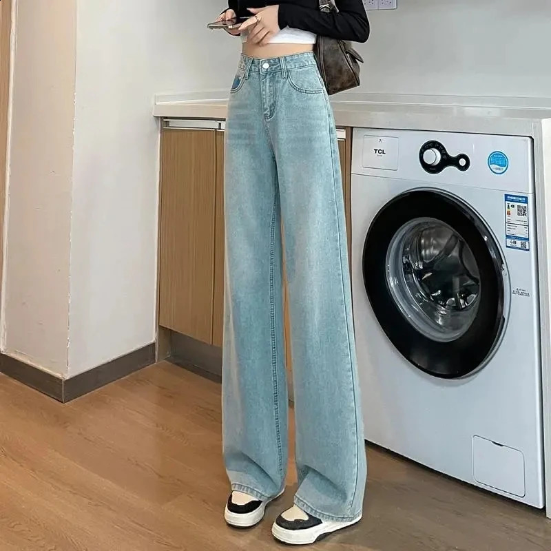 Denim Jeans Tall Straight Womens Korean High Waisted Pants Fashion Spring Autumn Perforated Wide Leg Trousers 250206