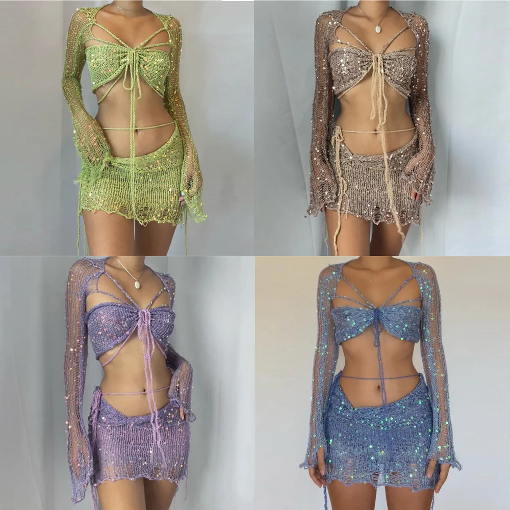 Crochet Knitted Dress Two Piece Skirt Sets Summer Women Clothes Sexy Crop Tops Elegant Knit Sequin Dress 2 Piece Set Outfit 250206