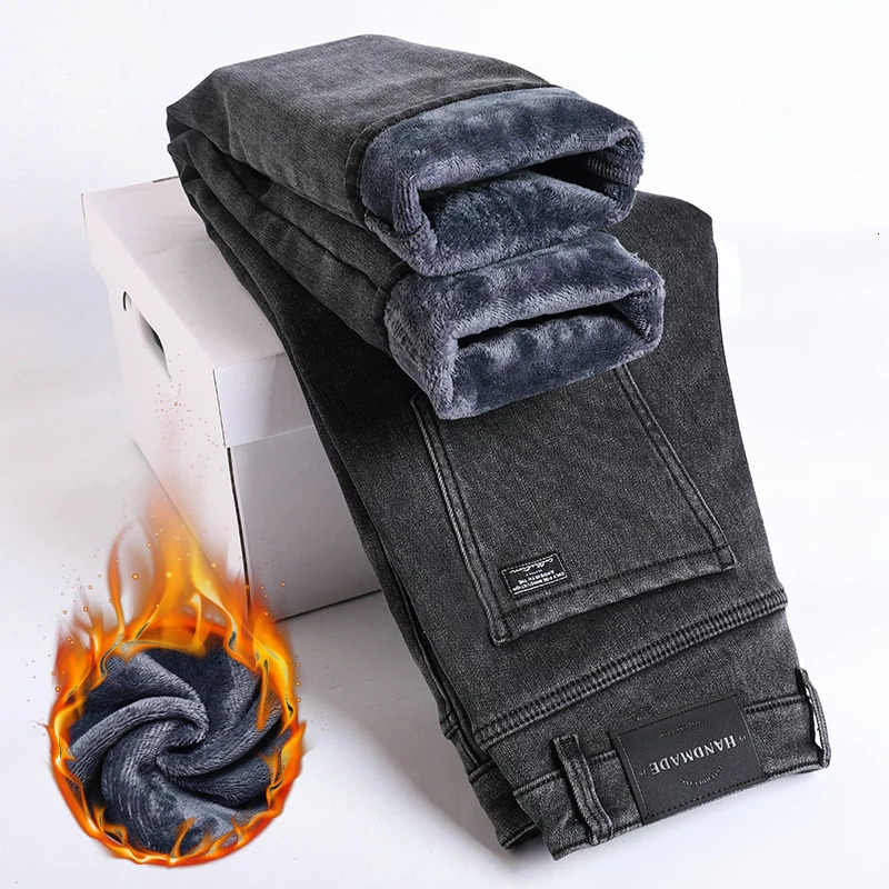 Winter Fleece Thick Warm Jeans Mens Slim Straight Elastic Denim Pants Casual Male Clothing Fashion Plush Trousers 250207