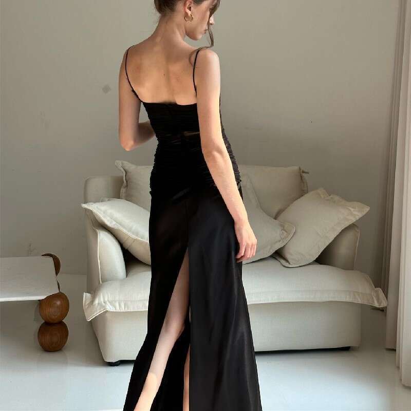 European American 2025 light mature style mesh, see through high waisted slit, slim fit strapless suspender, jumpsuit, long skirt, women's new st