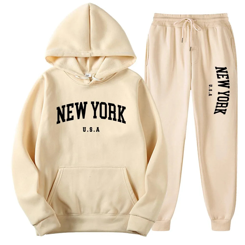 Men Women York USA City Hoodies Sets Fashion Letter Printed Graphic Sweatshirts Loose Casual Harajuku HoodedPants Pullove 250207