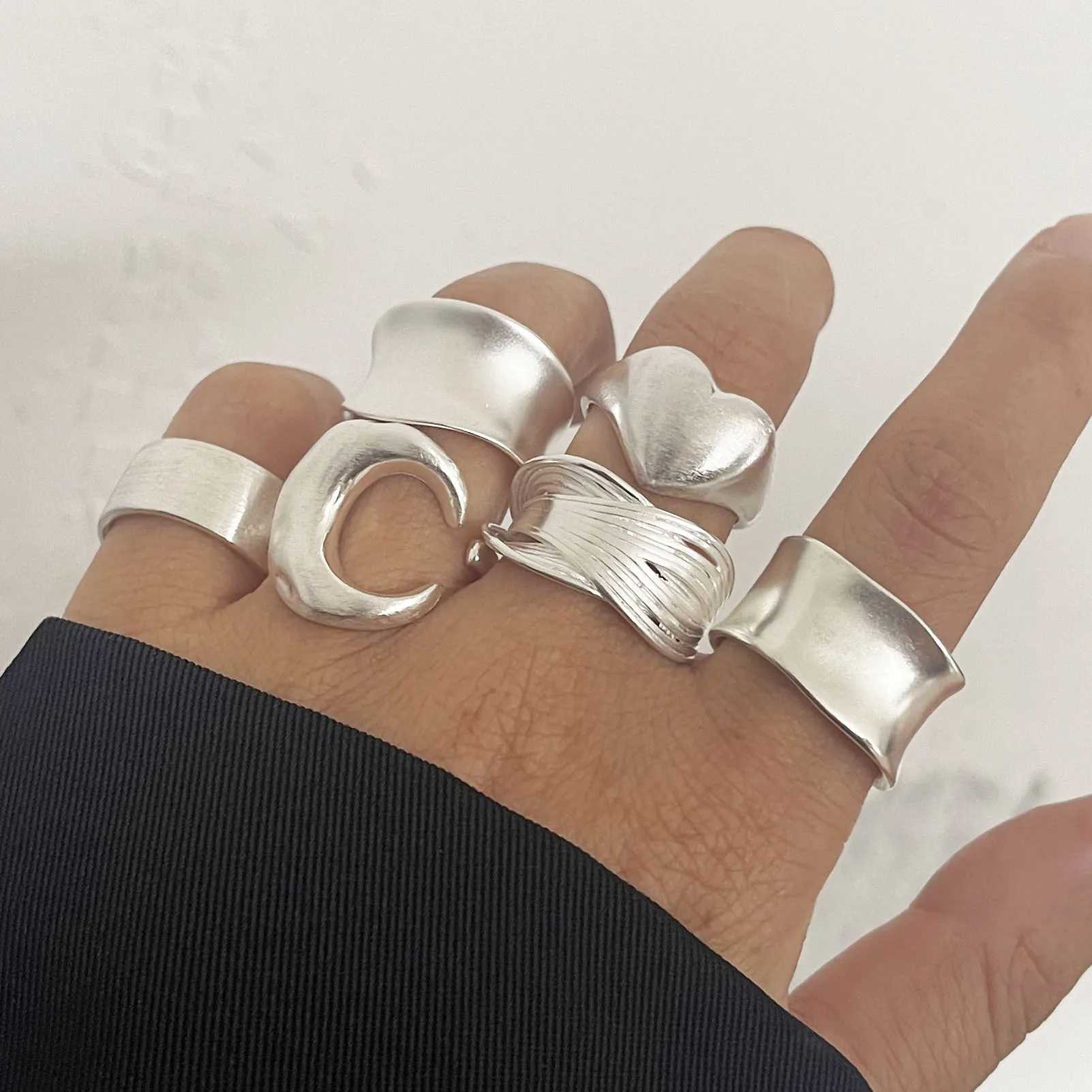925 Sterling Silver Rings for Women Couple Minimalist Handmade Simple Wide Moon Ring Set Party Jewelry Gift Prevent Allergy W250207
