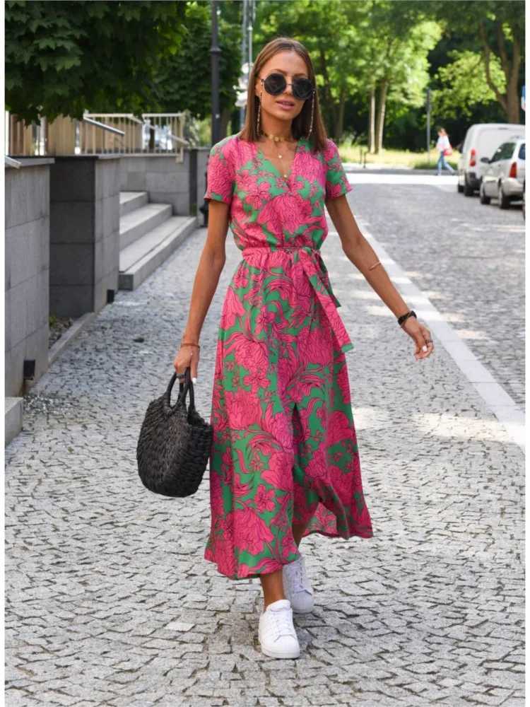Women Floral Print Long Dresses Summer Sexy V Neck Split Lace-up Dress Fe Casual Ele Short Sve Beach Dress VestidosXJ2500207