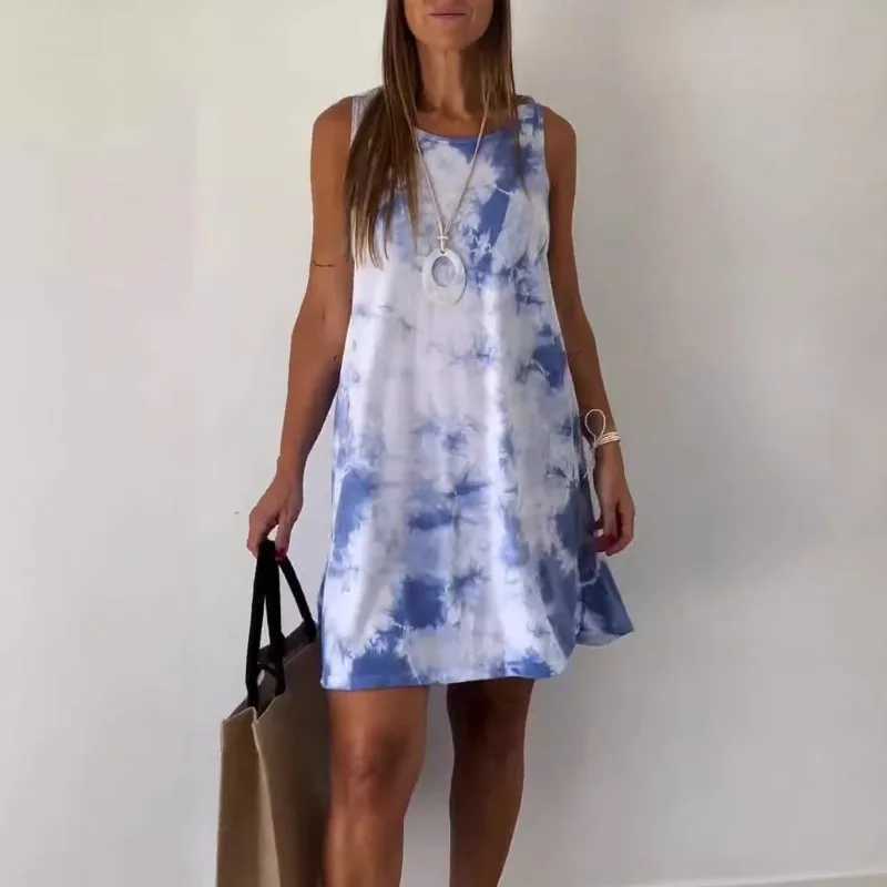 2024 Summer Round Neck Dress for Women Tie Dye Sveless Dresses Fashion Loose Simple Vacation Ladies Casual Wear Robe FemmeXJ2500207