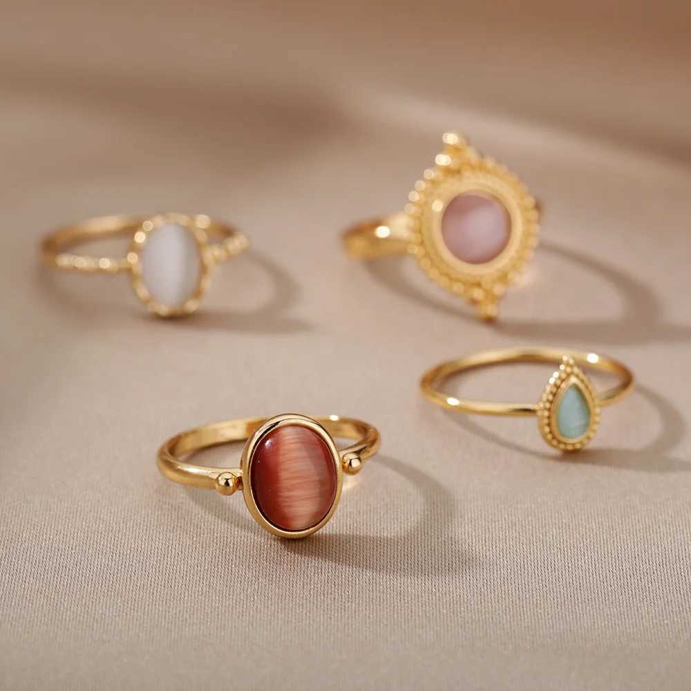 Opal Rings For Women Gold Color Stainless Steel Ring 2024 Trend Couple Wedding Aesthetic Jewelry Freeshipping Item rings women W250207