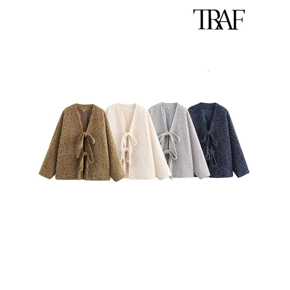 Bow Tie Design Solid Colour Fashion Retro V-Neck Small Cardigan Woolen Jacket Elegant Women's Clothing