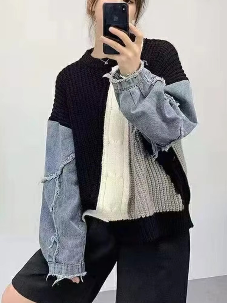 Denim Ed Long Sleeve Sweater Women Pullover Autumn Spring 2025 Wear Korean Loose Thicken Knitting Top Gray Clothing