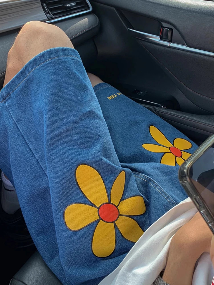REDDACHIC Men Daisy Print Blue Baggy Jeans Jorts Vintage Wash Low Waist Casual Loose Wide Leg Denim Shorts Y2k Summer Clothes 250120
