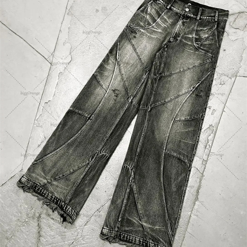 Y2K Destroyed Stitching Jeans Mens Black Washed Jeans Gothic Style Street Trend Clothing Retro Loose Wide Leg Pants Fall Guys 250206