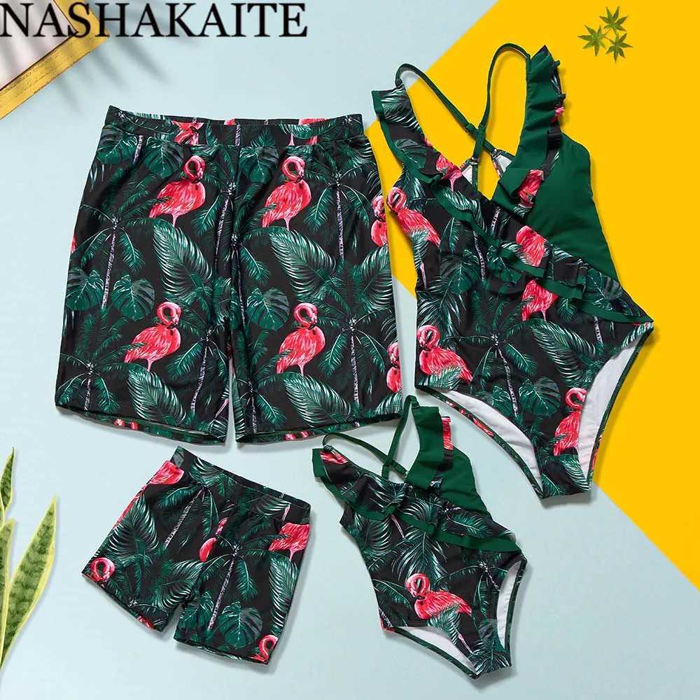 NASHAKAITE Family Swimsuits Summer Flamingo Leave Print Matching Swimwear Mommy and me swimsuit Family matching clothes W250207