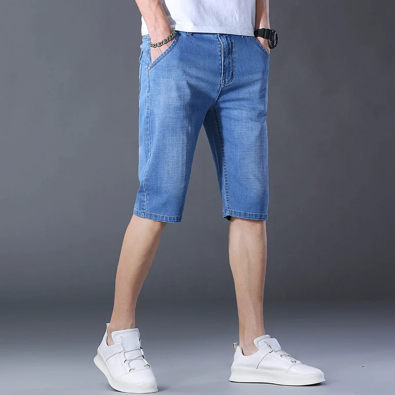2024 Mens Casual Knee Length Denim Shorts Elastic Straight Cotton Street Jeans Fashion Solid Color 250207