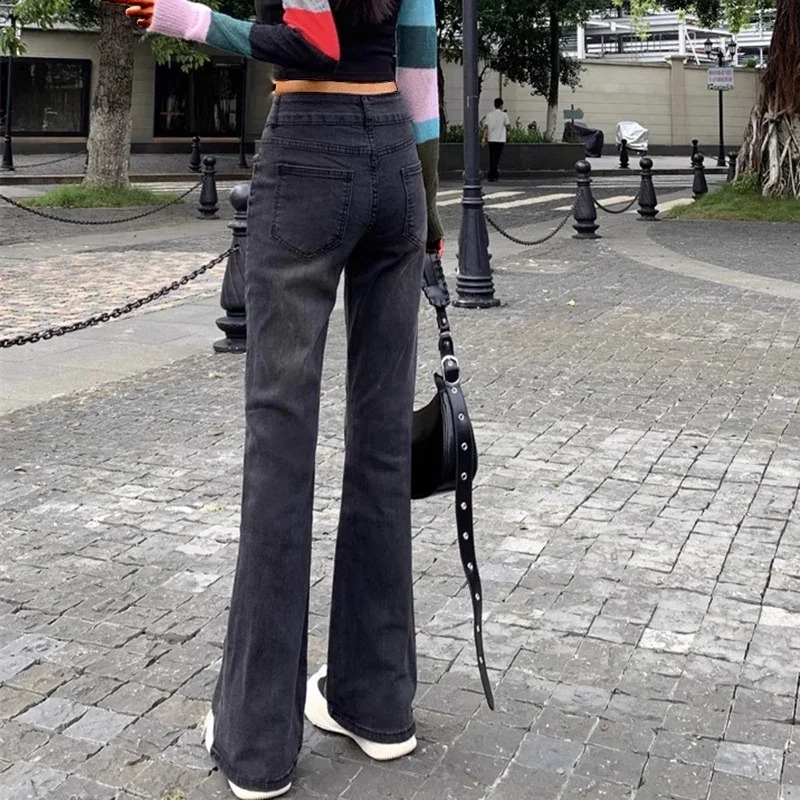 Woman High Waist American Vintage Bell Bottom Jeans Female Elastic Flare Pants Girls Fashion Streetwear Gray Denim Trousers 250206
