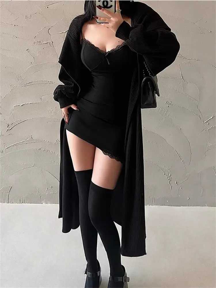 Y2K Retro Lace Patchwork Spaghetti Strap Black Bodycon Dress Mini Fashion Aesthetic Bow Club Party Sexy Dresses for WomenXJ2500207