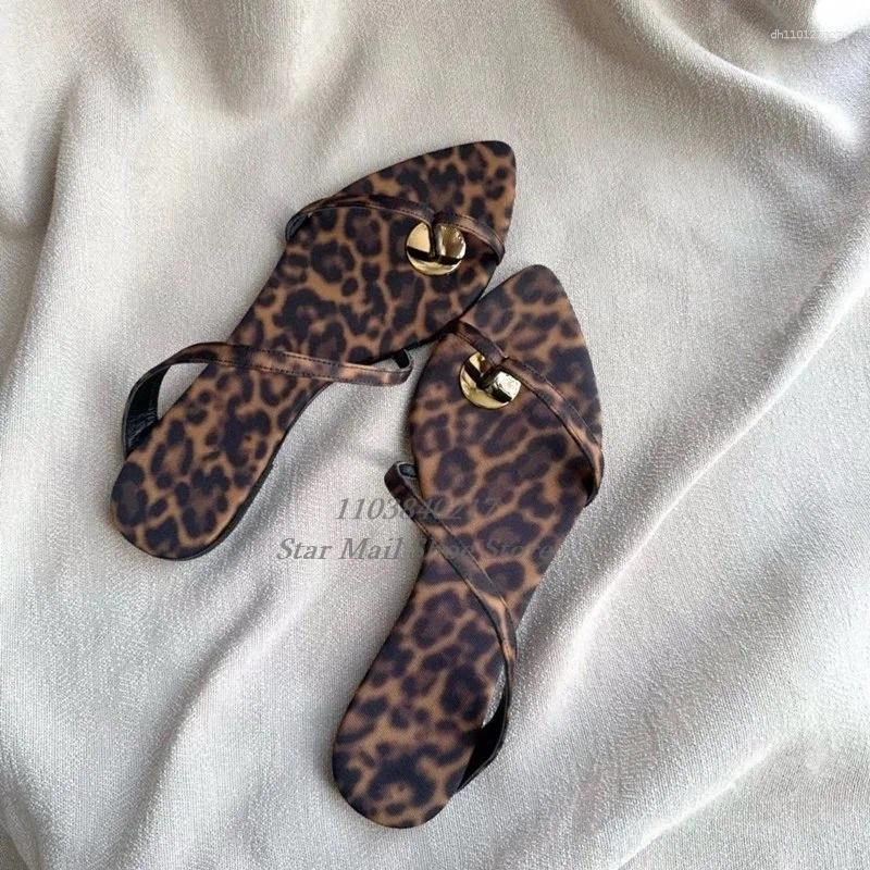 Slippers Brown Leopard Print Grosgrain Design Flat Pointed Peep Toe Strappy Sandals Elegant Casual Thong Strap Shoes