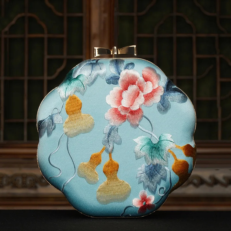 Cap Polyester Silky Fabric Embroider Small Bag Shoulder Womens Suitable for Matchinging Cheongsam Youth Mini Plant Flower Metal Frame Clas 250206