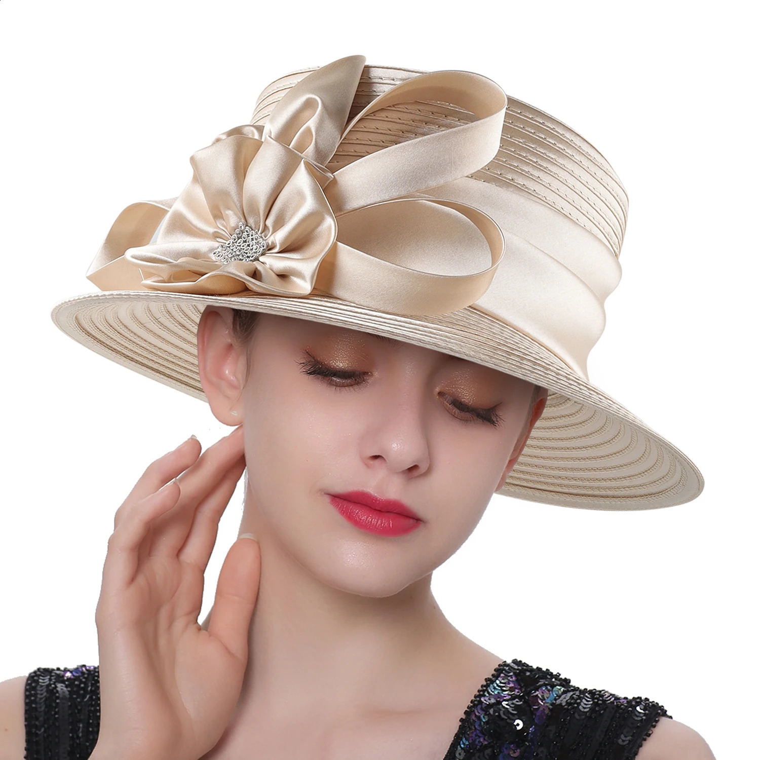 est Women Satin Cloth Flower Church Hat Elegant Pography Top Hat Fashion Female Banquet Fascinator Wedding Formal Hats 250207