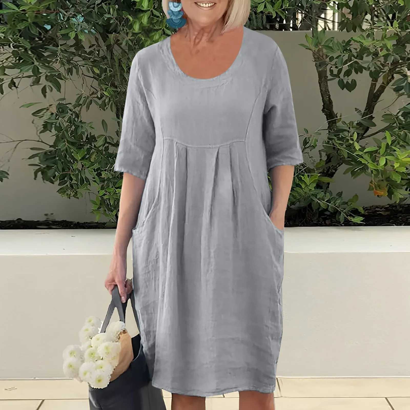 Dresses For Girls 2024 Summer For Women Ele Solid Color Cotton Linen Pockets Tunic Midi Dress Loose Vestidos Verano ModaXJ2500207