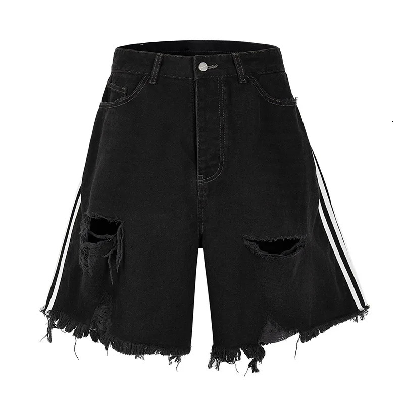 Hi Street Ripped Destroyed Washed Denim Shorts Hip Hop Vintage Harakuju Short Jeans For Male Black 250207