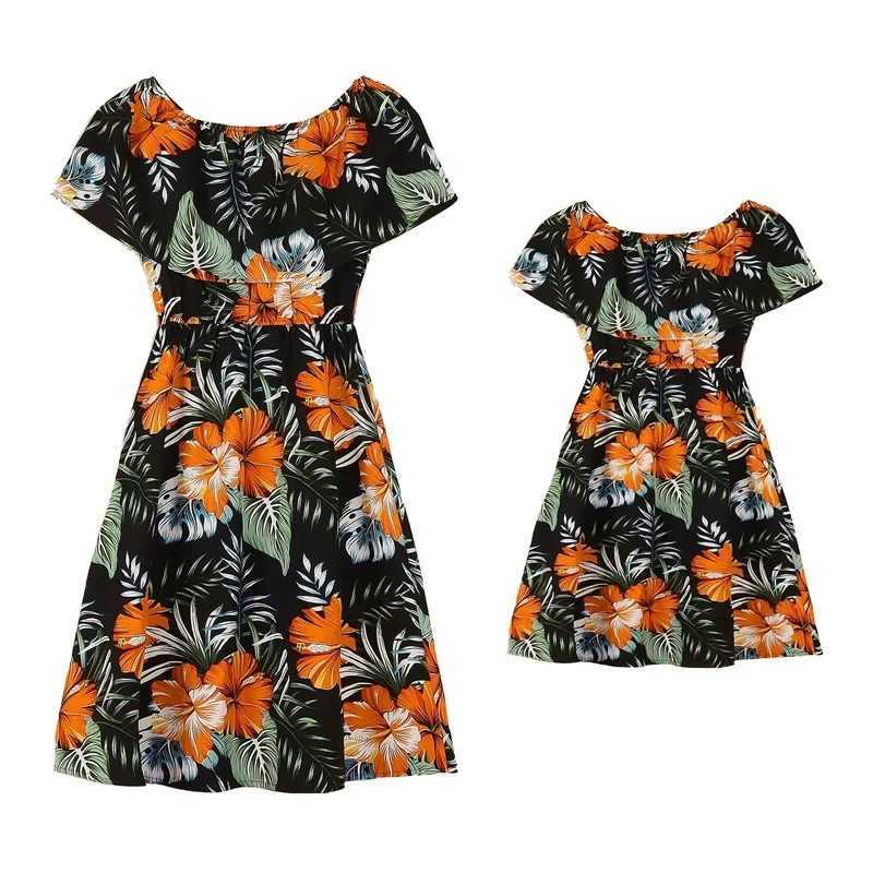 Family Set Flower Mommy and Me Clothes Off-Shoulder Mother Daughter Matching Dresses Hawaii Women Girls Outfits Summer 2024 W250207