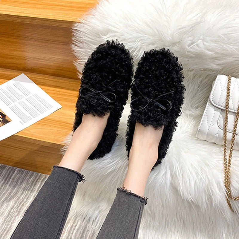 Fuzzy Lambswool Moccasins Woman Bowtie Flats Winter Cotton Fur Lined Shoes Ladies Curly Wool Loafers Femmes Shearling Boots 250206