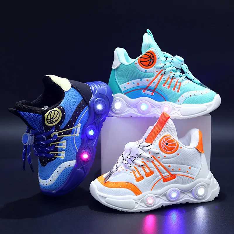 New LED Childrens Basketball Shoes for Boys Girls Non-slip Breathable Kids Sneakers Outdoor Fashion Glowing Casual Shoes TenisXJ250207