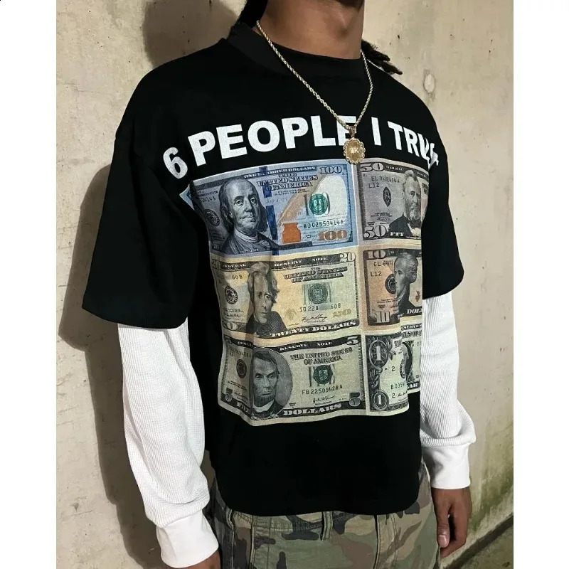 Y2K Fashion Long sleeved T shirt Hip Hop Dollar Printing Round Neck Oversized T shirt Men Women Casual Retro Tops Streetwear 250110