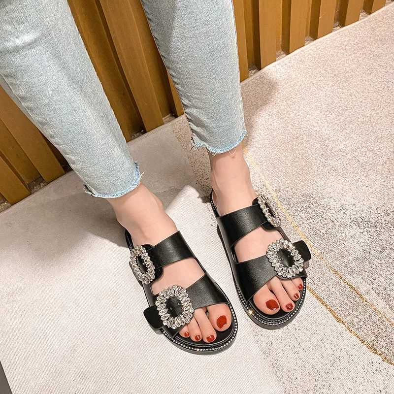 2024 rhine crystal buckle slippers women brand design crystal double flip flops female platform slides sandals big size 43XJ250207
