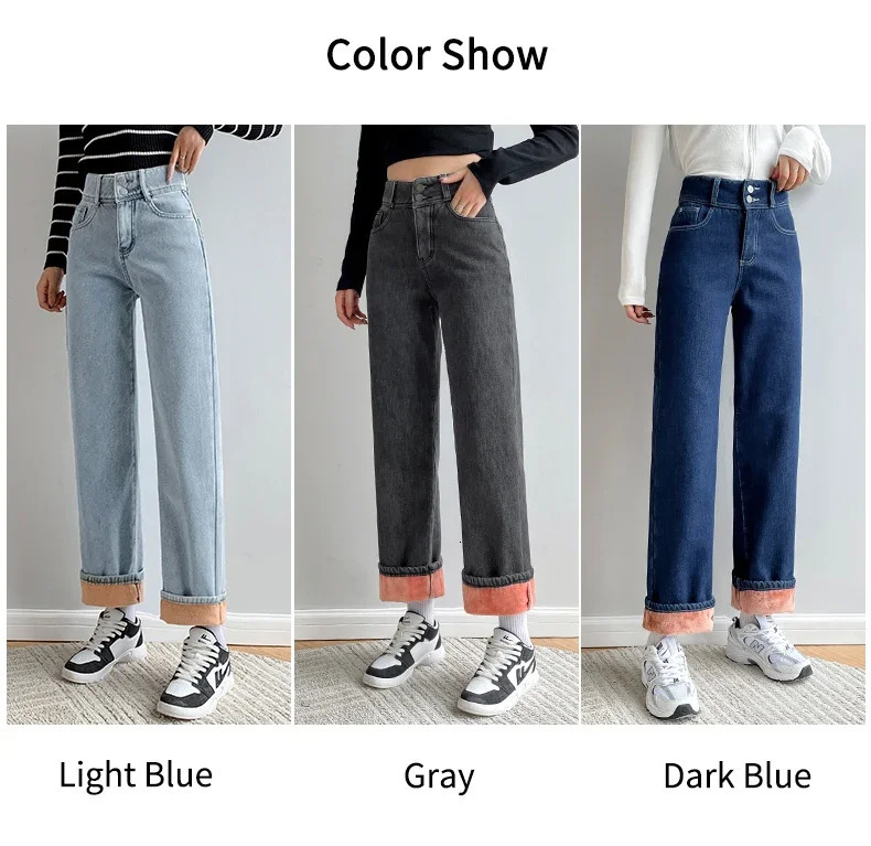 Winter Warm Fleece Wide Leg Jean Vintage Baggy High Waist Denim Pants Loose Straight Mom Pantalones De Mujer 250121