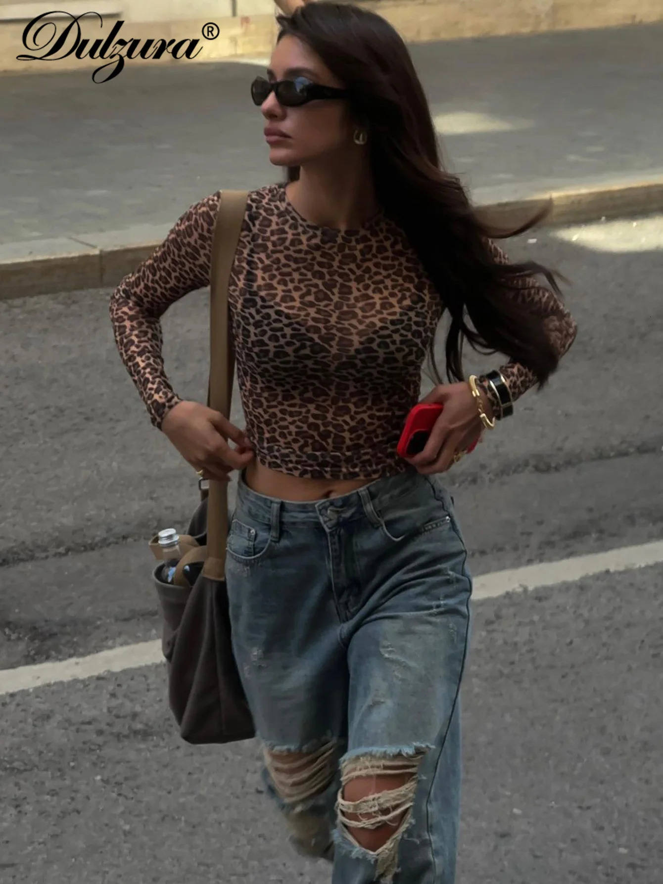 Dulzura Sexy Long Sleeves Tops Mesh T Shirt Leopard Printed Bodycon Women Clothes Lady Party Club Streetwear Casual Nightout Y2K 250207