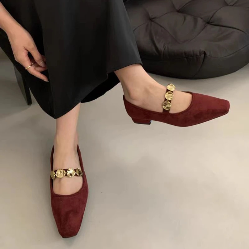 Retro Women Shoes Metal Heels Shallow Mouth ed Pumps 2024 Mary Jane Sandals Ladies Metalic Fashion Latest Low Velvet Spring 250206