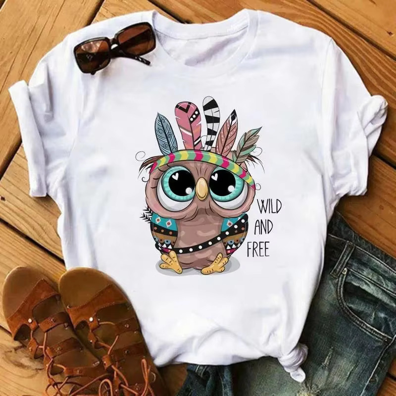 Cartoon Owl Graphic Print Women Men Fashion Vintage Haruku Short Sleeve Crew Neck Plus Size T Shirt Unisex