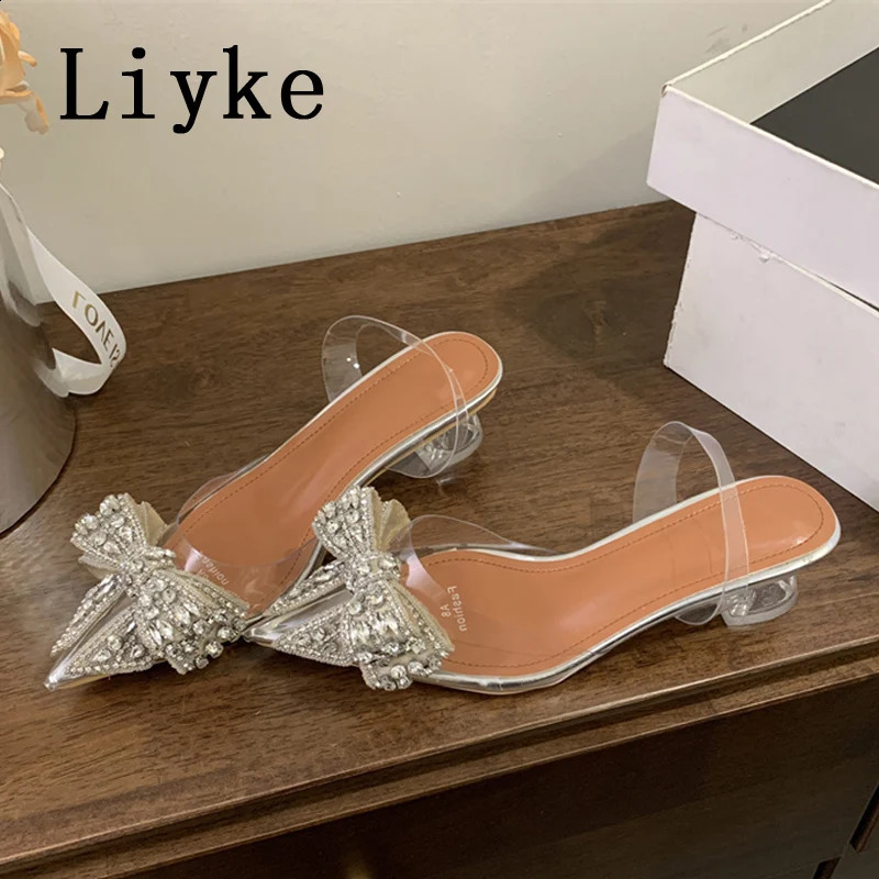Liyke Fashion Crystal Bowknot Women Pumps Sexy Pointed Toe Clear High Heels Wedding Prom Shoes PVC Transparent Sandals 250206