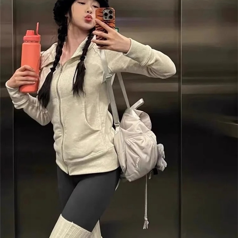 Deeptown American Vintage Cropped Hoodies Women Korean Style Streetwear Grey Zip Up Hooded Sweatshirt Casual Y2k Slim Hood Shirt 250206