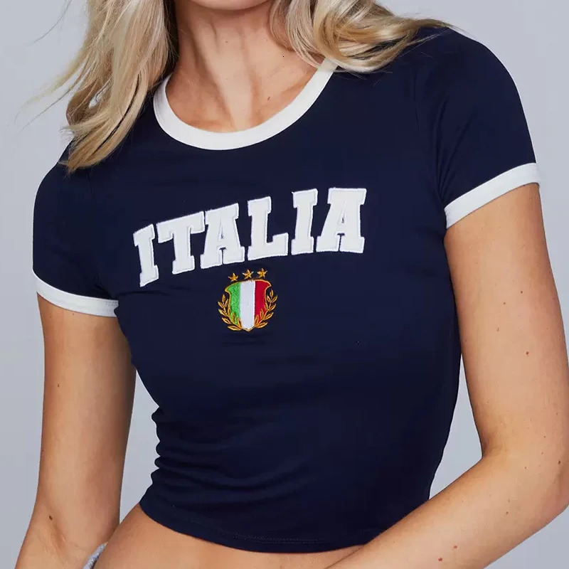 Summer T-shirt For Women ITALIA Letter Aesthetic 90s Tops Casual Short Sleeve Tee Kpop Streetwear Vintage Y2k Clothes 250206