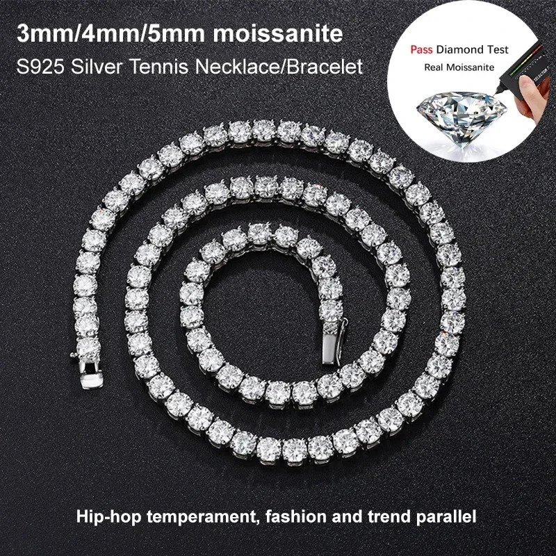 Real Tennis Necklace Bracelet For Women Men 925 Sterling Silver 3/4/5mm Full Diamonds With GRA Hiphop Party Jewelry 250120