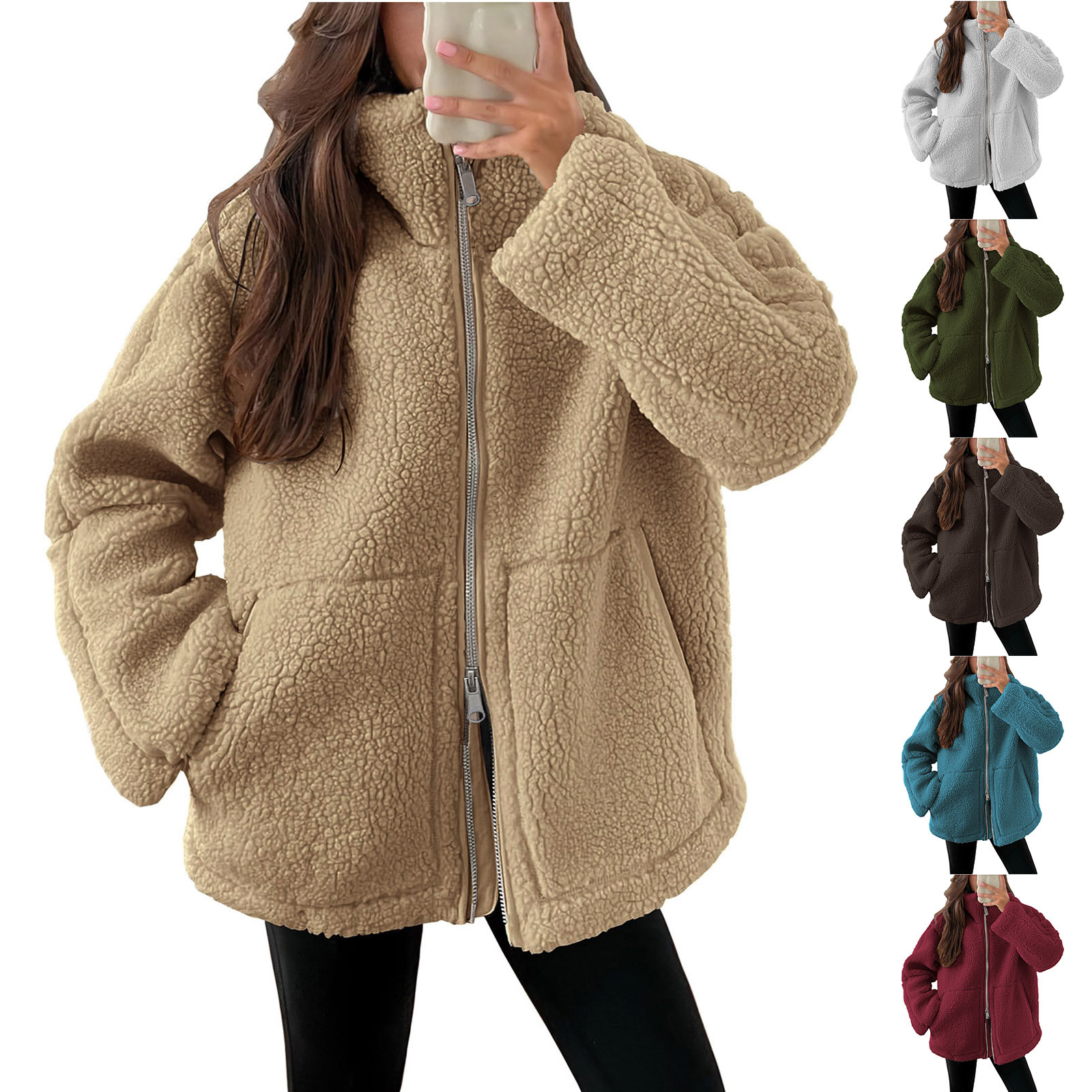 Women's Jackets Women Fuzzy Fleece Jacket Casual Long Sleeve Oversized Sherpa Warm Coats Double Zip Winter Teddy Outwear With Pocket