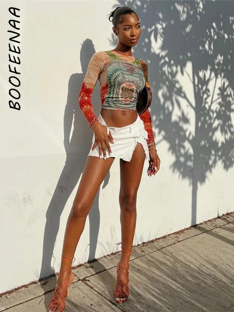 BOOFEENAA Stylish Print Mesh Long Sleeve Crop Tops Vintage Y2k Streetwear Graphic T Shirts Fall Trending Clothes C87-AI12 250206