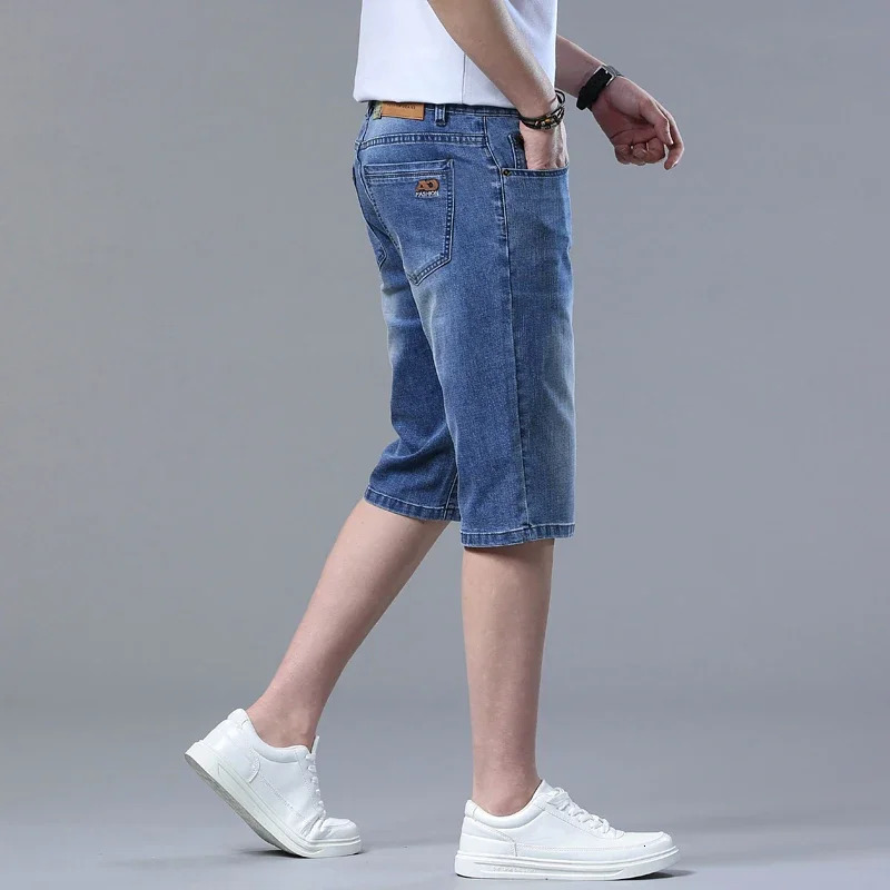 Summer Thin Mens Slim Fit Denim Shorts Cotton Blue Stretch Straight Light Business Casual Short Pants Classic Style Male 250207