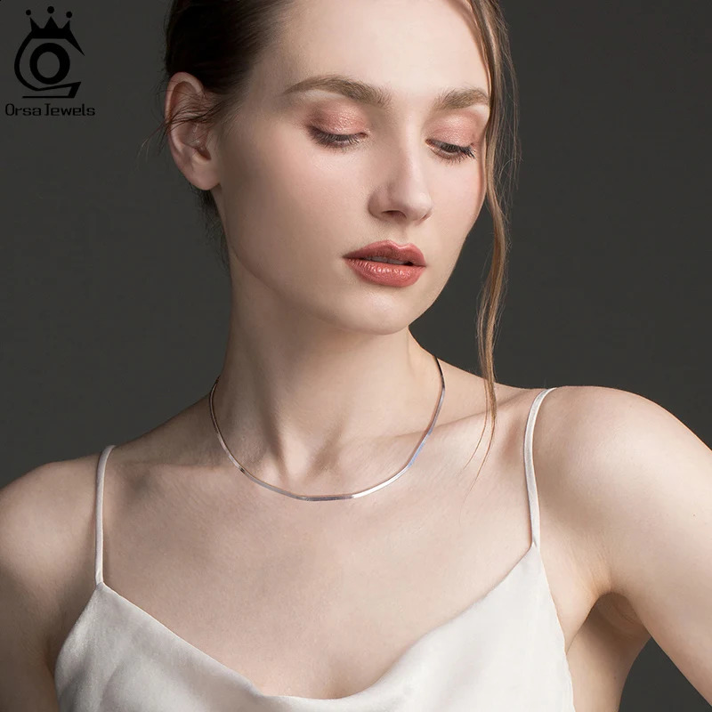 ORSA JEWELS 925 Sterling Silver m Gold Flexible Flat Chain Herringbone Snake Chain Necklace for Women Neck Chain Jewelry SC35 250120