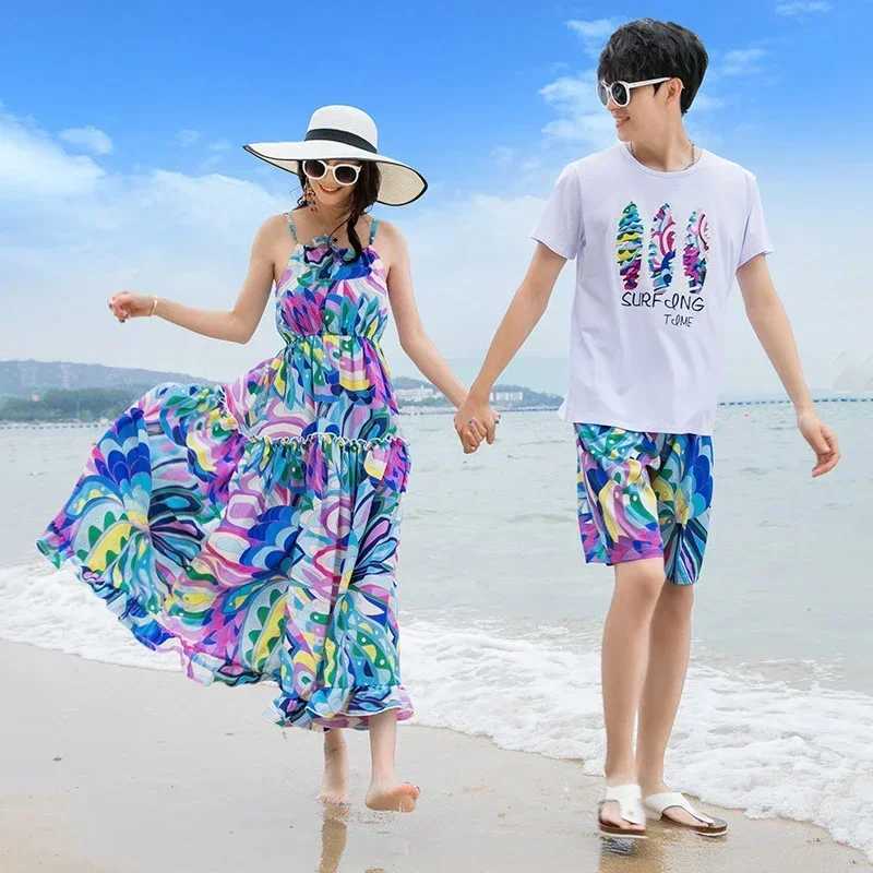 2024 Father Son T-shirt+Shorts Seaside Couple Clothing Family Matching Set Beach Mom Daughter Bohemian Casual Dress Summer W250207