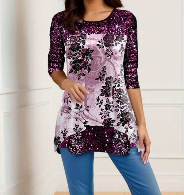 New European American popular women's tops for autumn winter, fashionable printed round neck T-shirt, 2024 new style, chic and elegant clothing