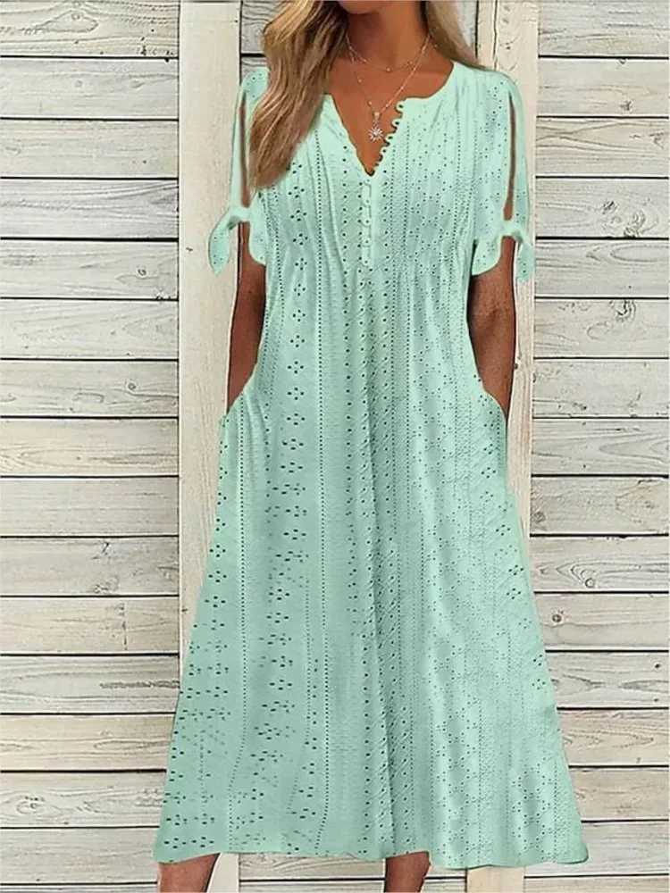 Summer Solid Color Short Sved Womens Dresses Fashion Sexy Hollow V Neck Lace Ruffle Casual Simple Fe Beach Holiday DressXJ2500207