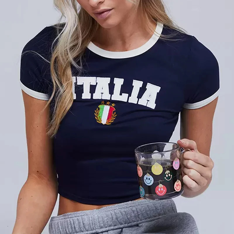 Summer T-shirt For Women ITALIA Letter Aesthetic 90s Tops Casual Short Sleeve Tee Kpop Streetwear Vintage Y2k Clothes 250206