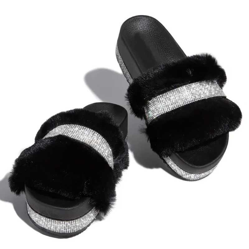 2024 Winter Designer Fur Rhine Slippers Women Luxury Platform Heel Fluffy Furry Slides Outside Beach Flip-Flop LadiesXJ250207