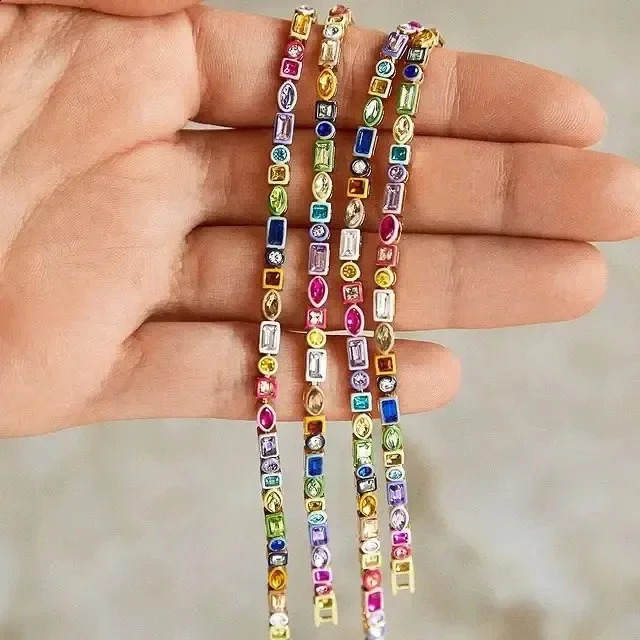 Geometric 5A CZ Rainbow Colorful Enamel Tennis Chain Bracelet Necklace Round Square Eye Rectangle Shape Women Jewelry 250120
